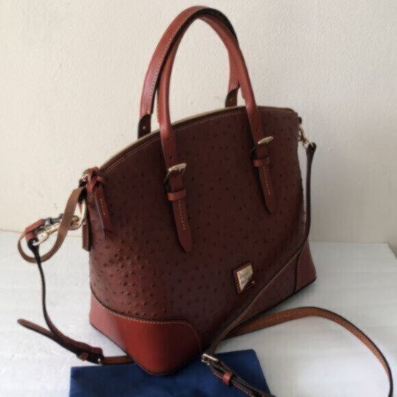 Dooney & Bourke Ostrich Domed Satchel Cognac Shoulder Leather Handbag Purse - Picture 7 of 14